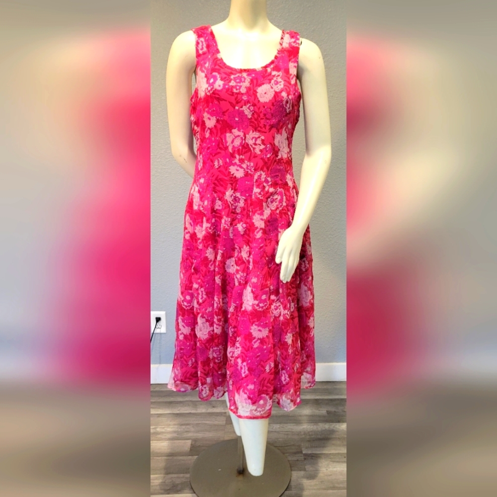 VINTAGE 90s J PATERMAN Pink Floral Sleeveless Lined Smoched Women Dress Size 8